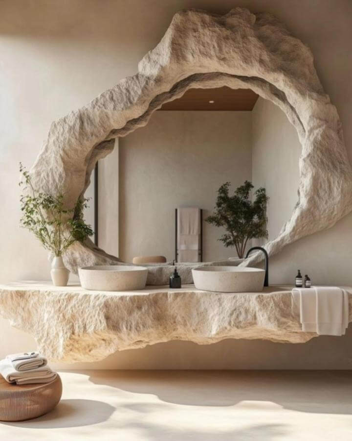 Raw beige stone vanity with matching rough stone mirror frame, black faucet, and twin basins from @oceaniawashbasin. Natural stone bathroom ideas emphasizing texture and organic shapes.