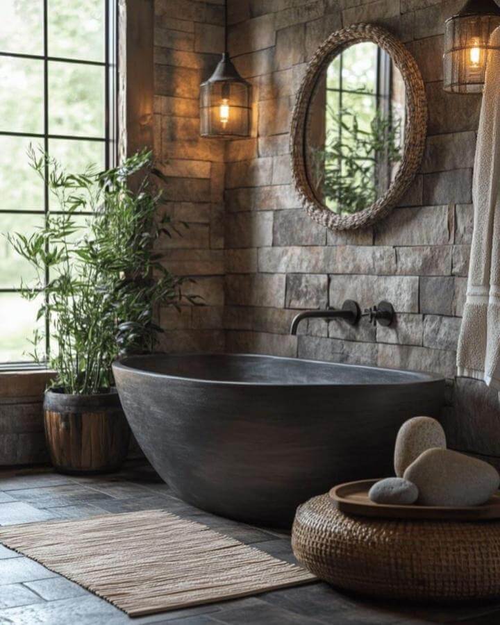 Dark sculptural stone freestanding bathtub and rough stone wall with woven mirror and plants from @arnoldmasonryandlandscape natural stone bathroom ideas rustic elegant spa vibe