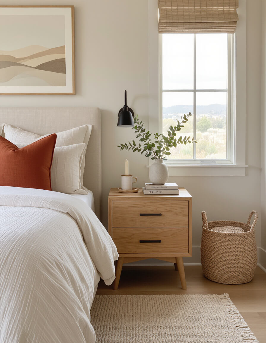 Natural wood nightstand with ceramic vase against cream walls featuring terracotta pillow in minimalist fall bedroom setting