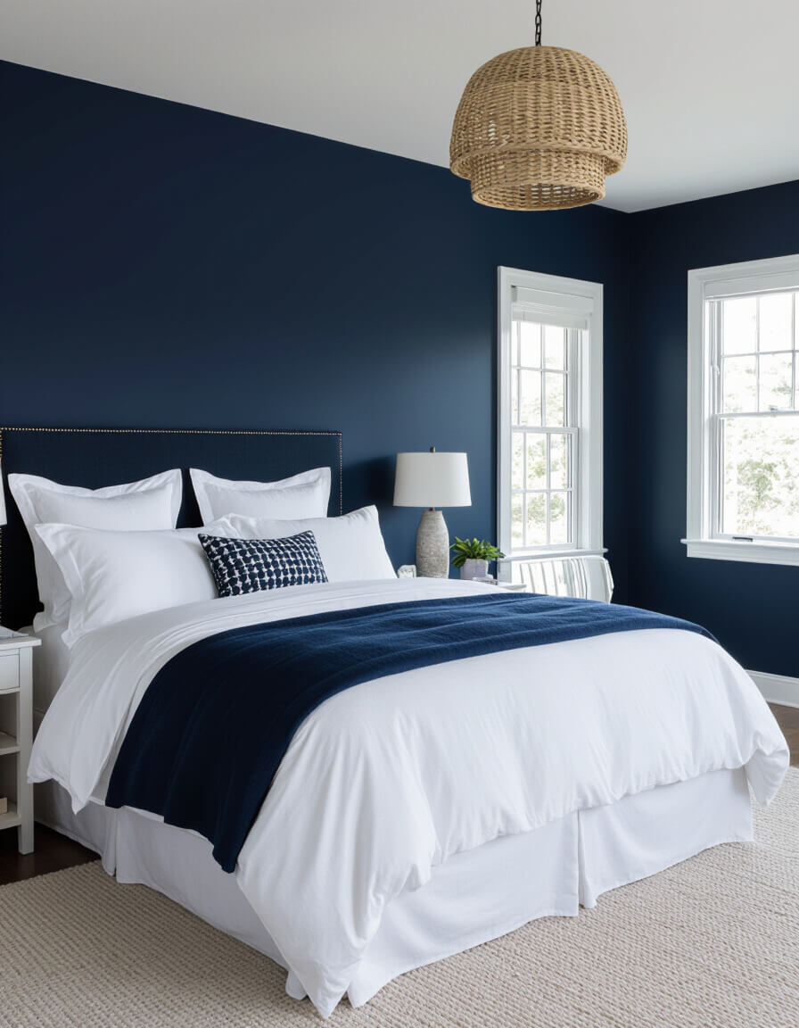 Serene monochrome bedroom featuring deep navy blue walls with white cotton bedding creating coastal calm atmosphere