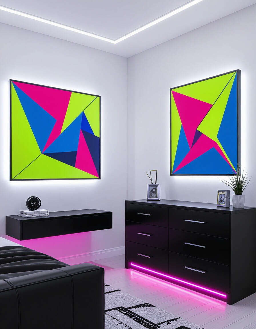 Modern bedroom featuring neon pop art geometric wall pieces in electric blue hot pink lime green with black furniture and LED lighting