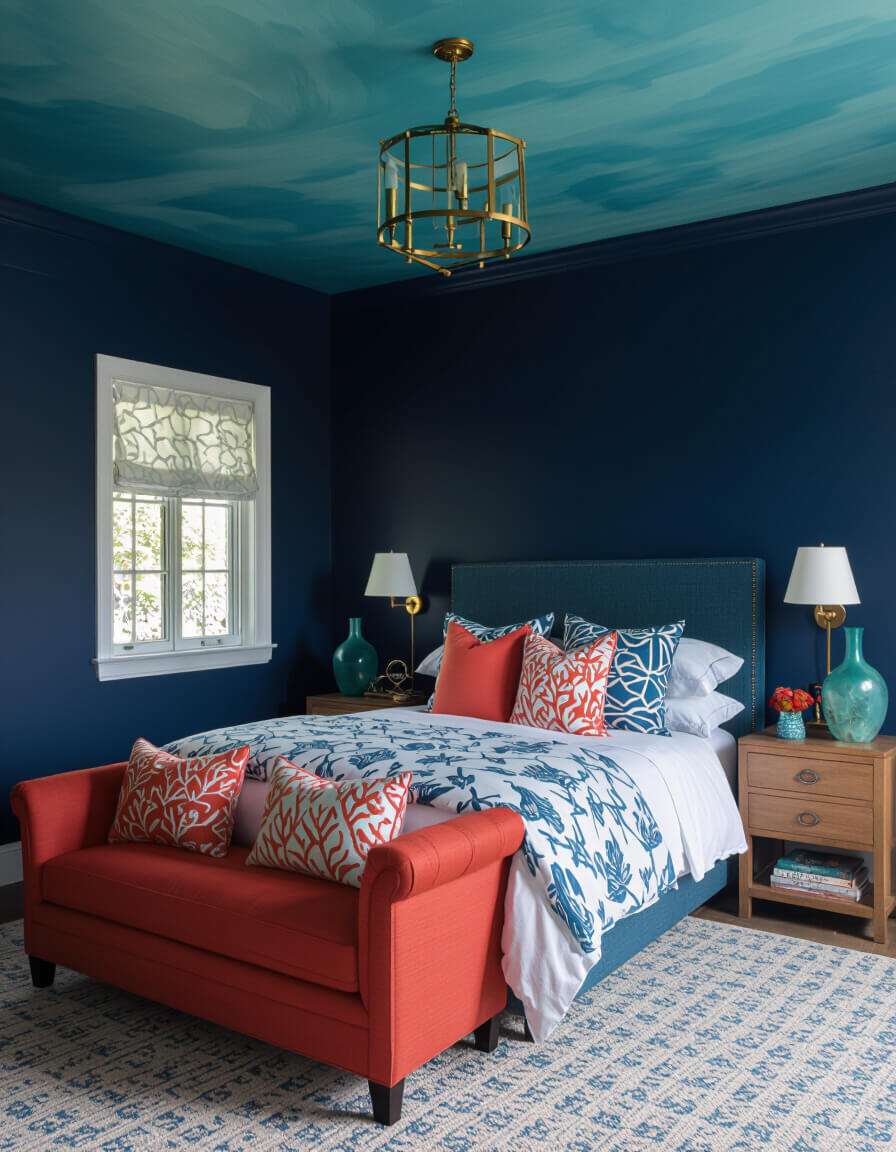 Ocean depths bedroom with navy walls fading to aqua ceiling featuring coral pillows and sea glass vases