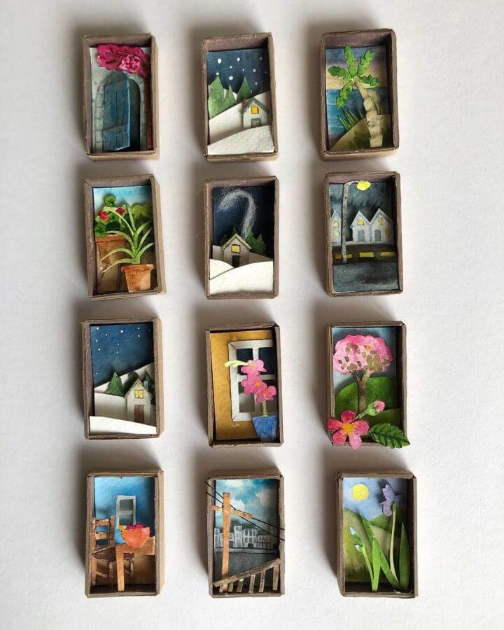 [tiny colorful paper matchbox scenes from @daydream_flowers. Miniature handcrafted paper crafts for adults with flowers and landscapes.]