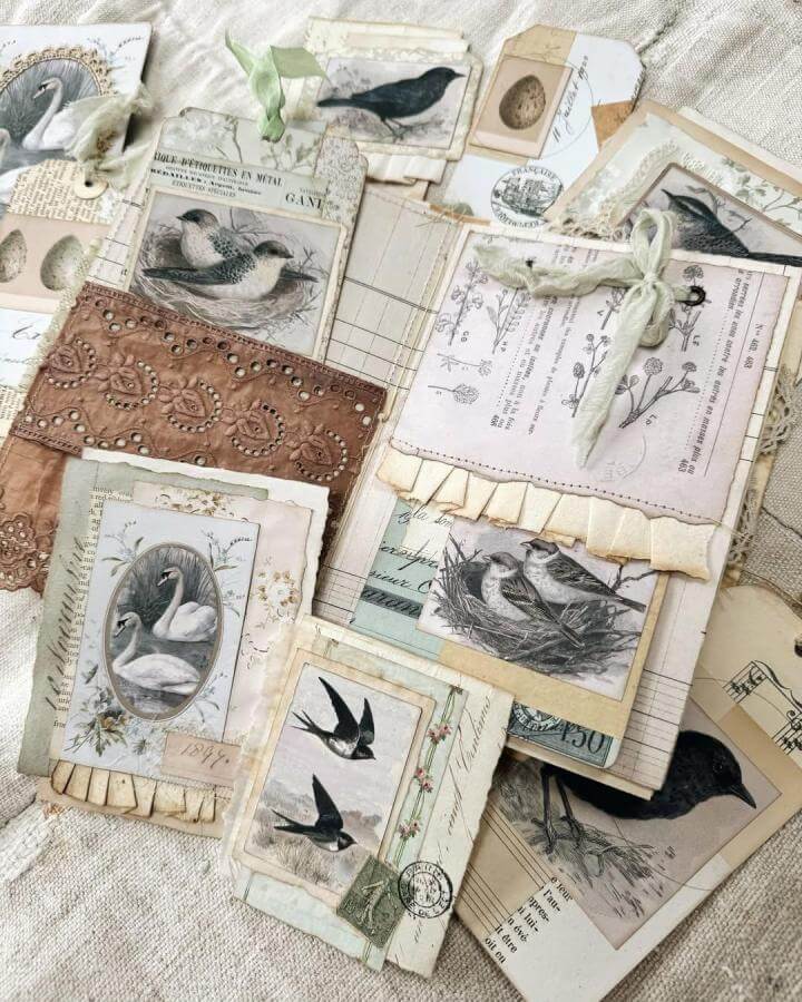 Vintage-inspired layered bird illustration collage featuring lace, ribbons, and ephemera by @sam_poole_designs paper crafts for adults with neutral tones and textures.