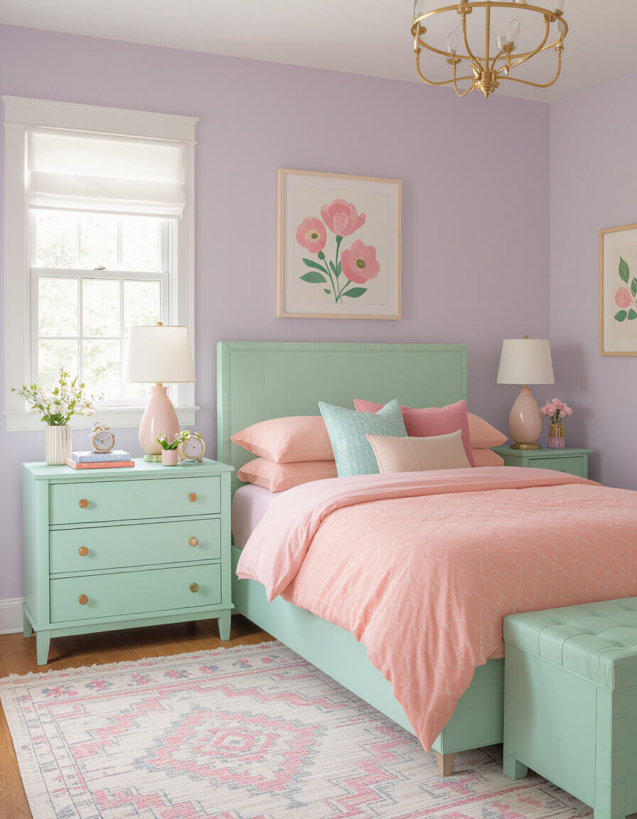 Pastel dream bedroom featuring lavender walls, mint green dresser, and peachy pink bedding creating a colorful yet calming space
