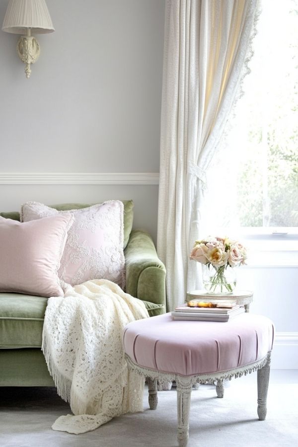 A cozy and serene space with soft pastel furniture accents.