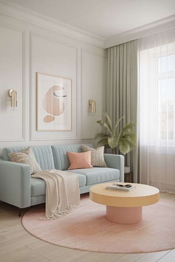 Pastel living room ideas with soft hues, cozy seating, and delicate decor.