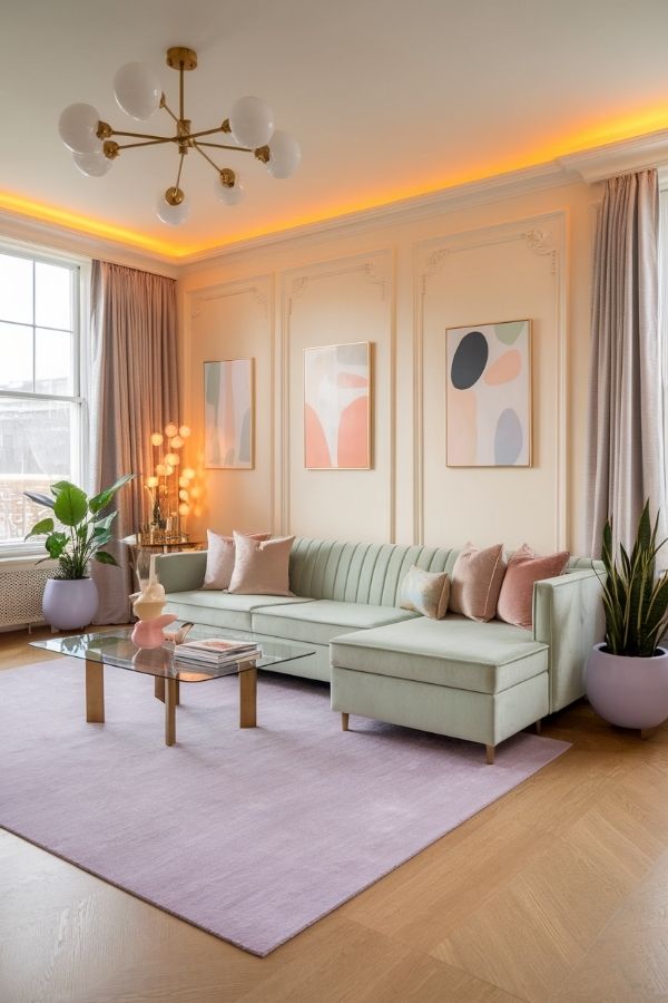 Pastel living room ideas featuring soft hues and cozy furniture arrangement.