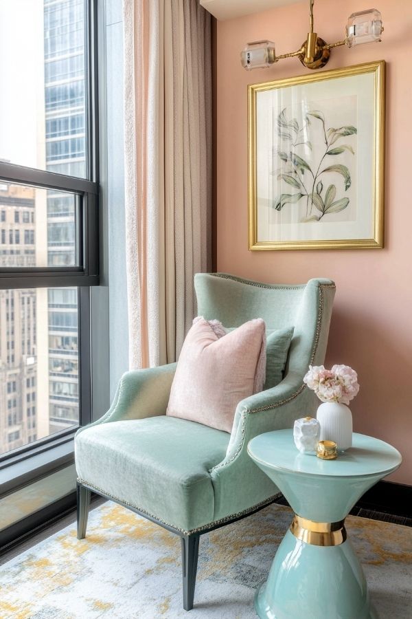 Pastel living room ideas: Calm hues create a serene, cozy atmosphere.