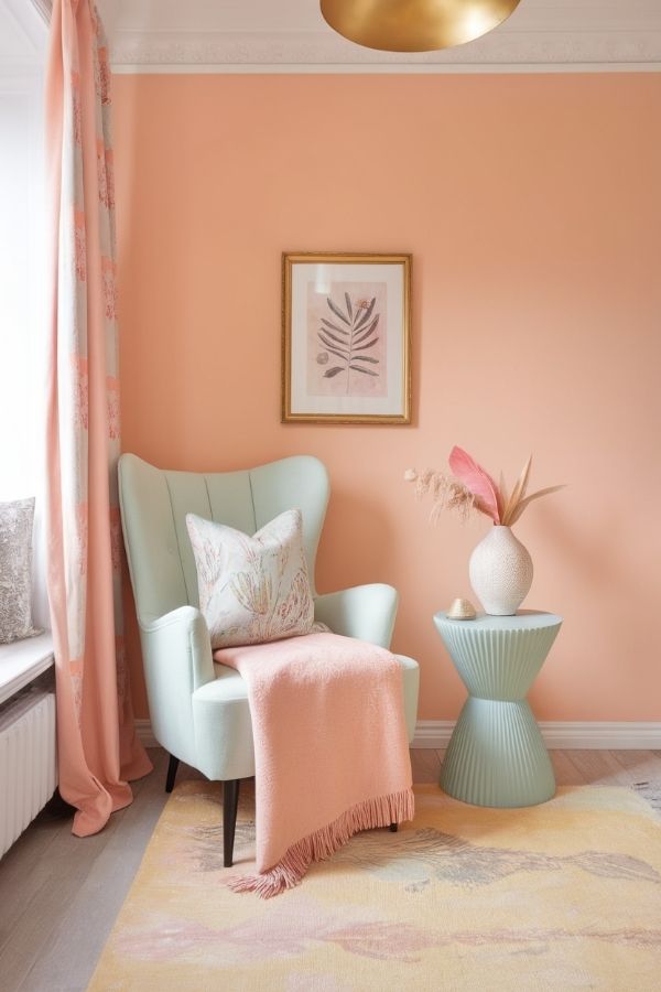 Pastel living room ideas with soft hues, cozy furniture, and plants.