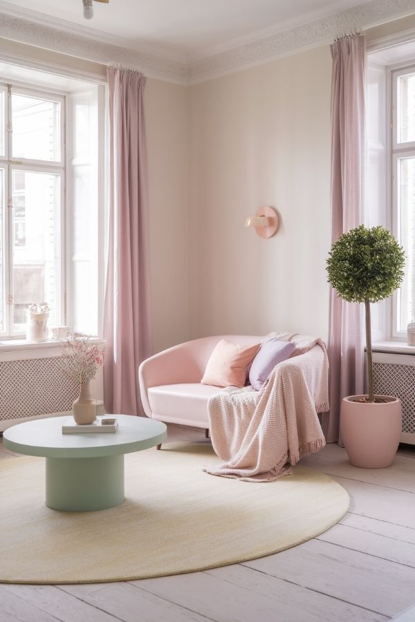 Pastel living room ideas featuring soft hues, cozy furniture, and airy decor.