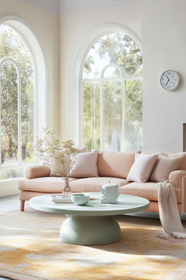 Pastel living room ideas with soft tones, cozy seating, minimalistic decor.