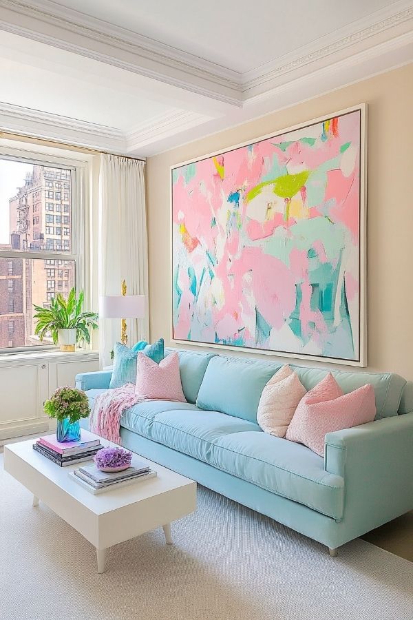 Pastel living room ideas with soothing hues and soft textures.