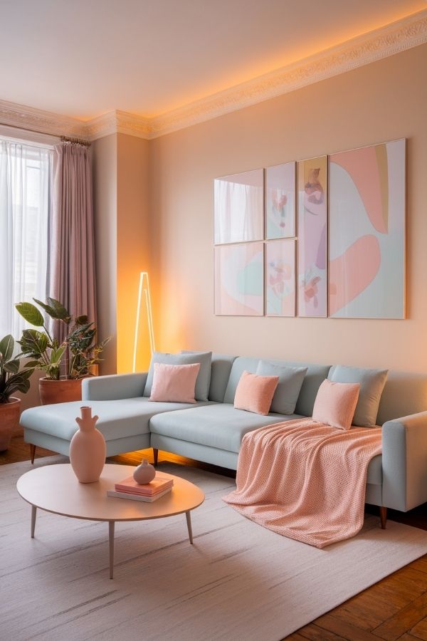 Pastel living room ideas: Soft-hued decor, cozy ambiance, light furniture accents.