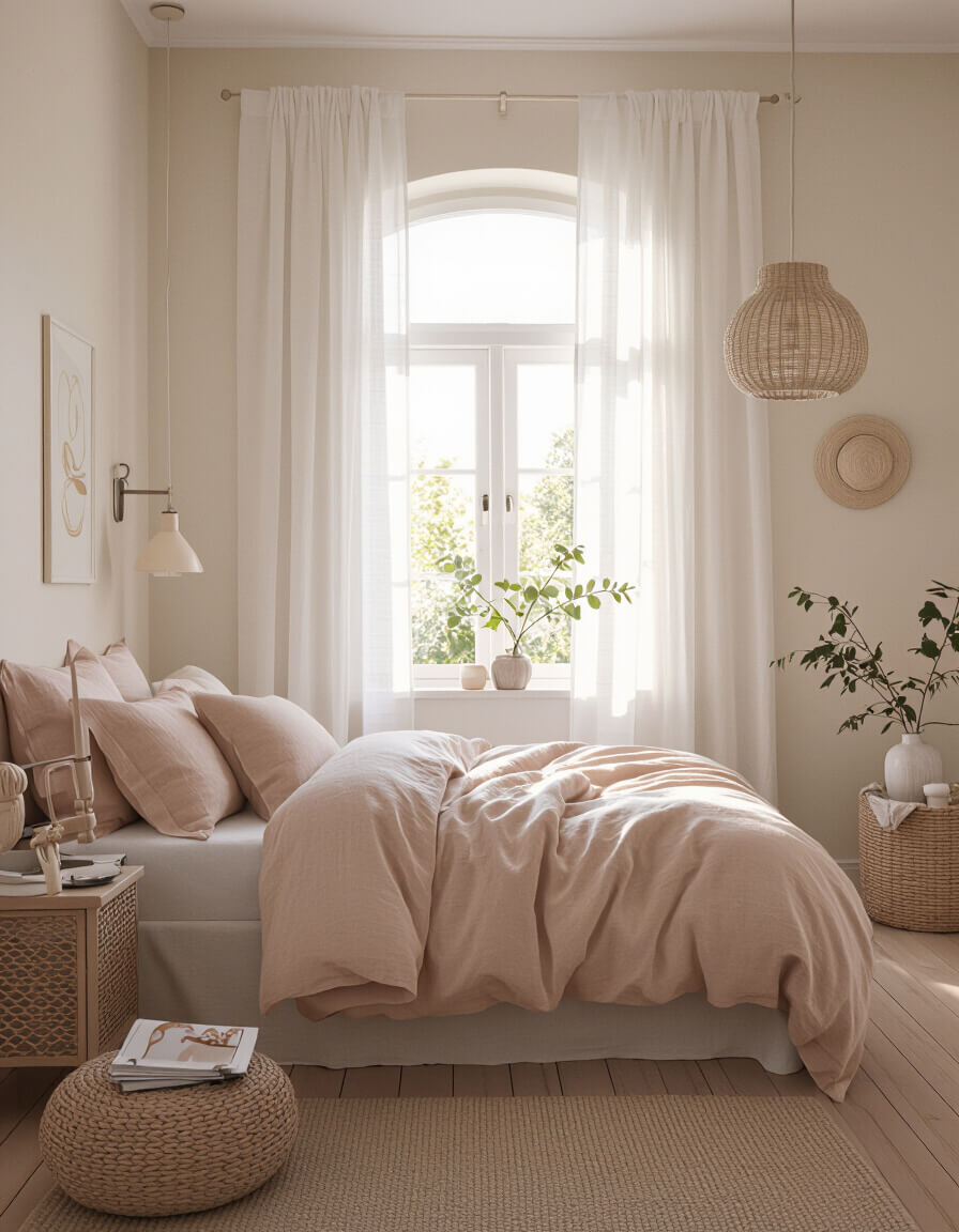 Cozy pastel bedroom featuring peachy sunset color scheme with cream walls, white linens, and warm natural lighting creating serene atmosphere