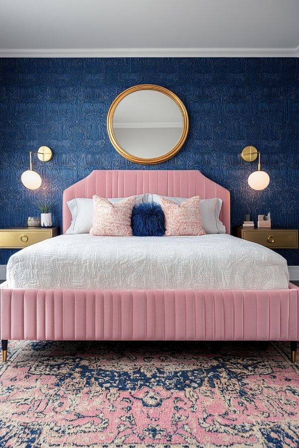 Pink and navy bedroom with elegant decor and cozy ambiance.