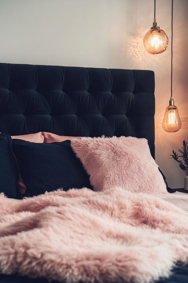 Pink and navy bedroom featuring floral accents and modern decor elements.