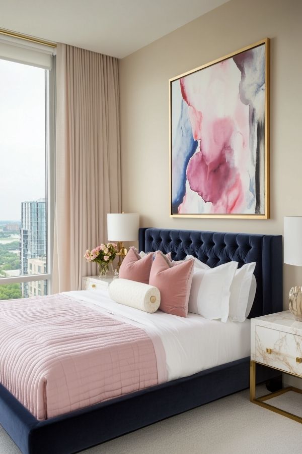 Pink and navy bedroom with cozy decor and stylish accents.