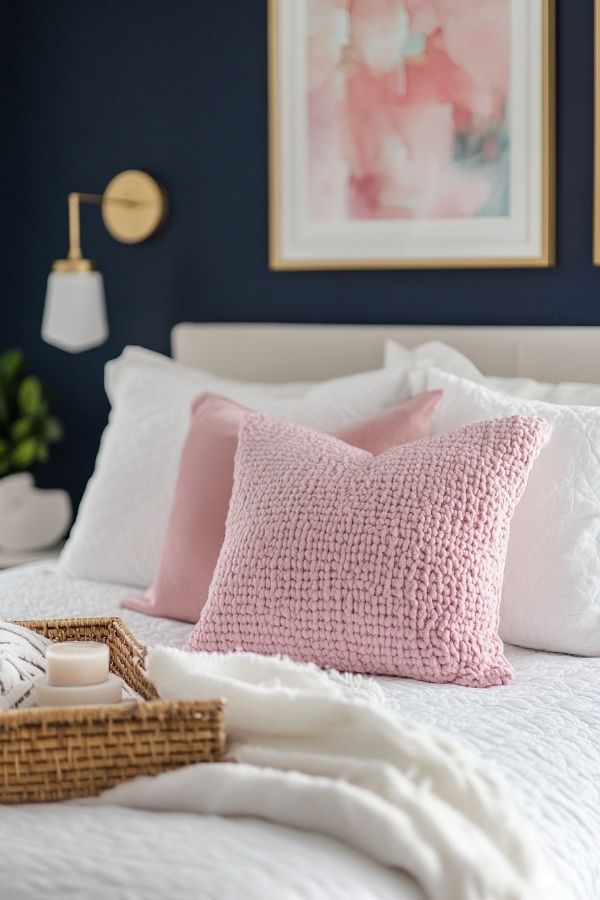 Pink and navy bedroom with elegant decor and cozy ambiance.