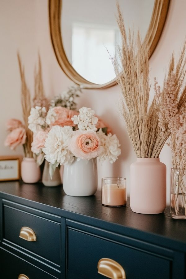 Pink and navy bedroom with stylish decor and cozy atmosphere.