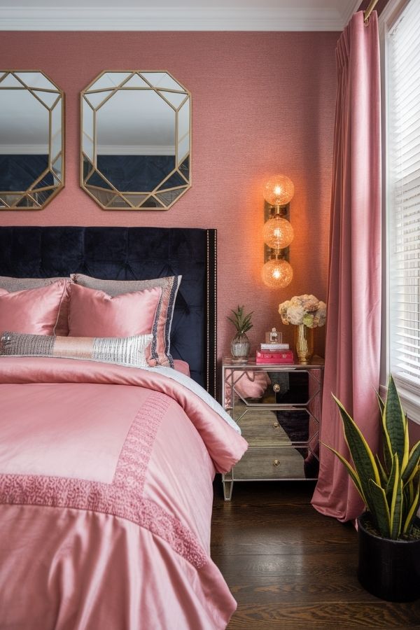 Pink and navy bedroom with elegant decor and cozy atmosphere.