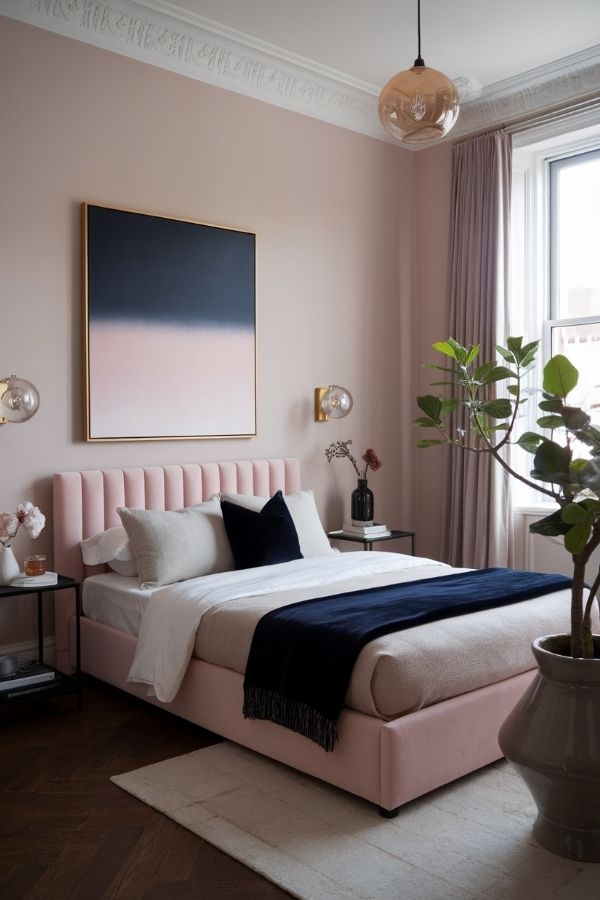 Pink and navy bedroom with elegant decor and plush bedding.