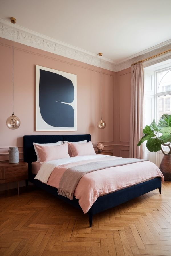 Pink and navy bedroom with cozy decor and bold patterns.