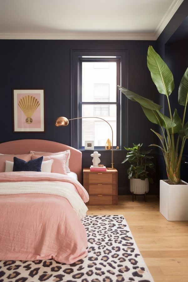 pink and navy bedroom: elegant blend, cozy atmosphere, stylish decor elements.