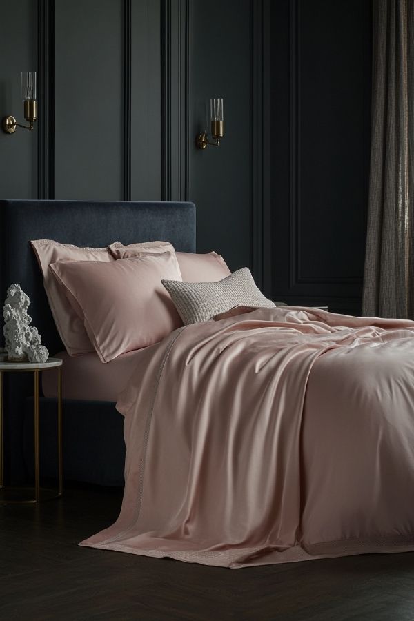 Pink and navy bedroom with stylish decor and cozy ambiance.