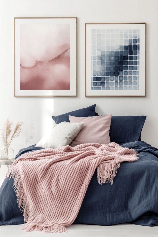 Pink and navy bedroom: Colorful decor with elegant bedding ensemble.