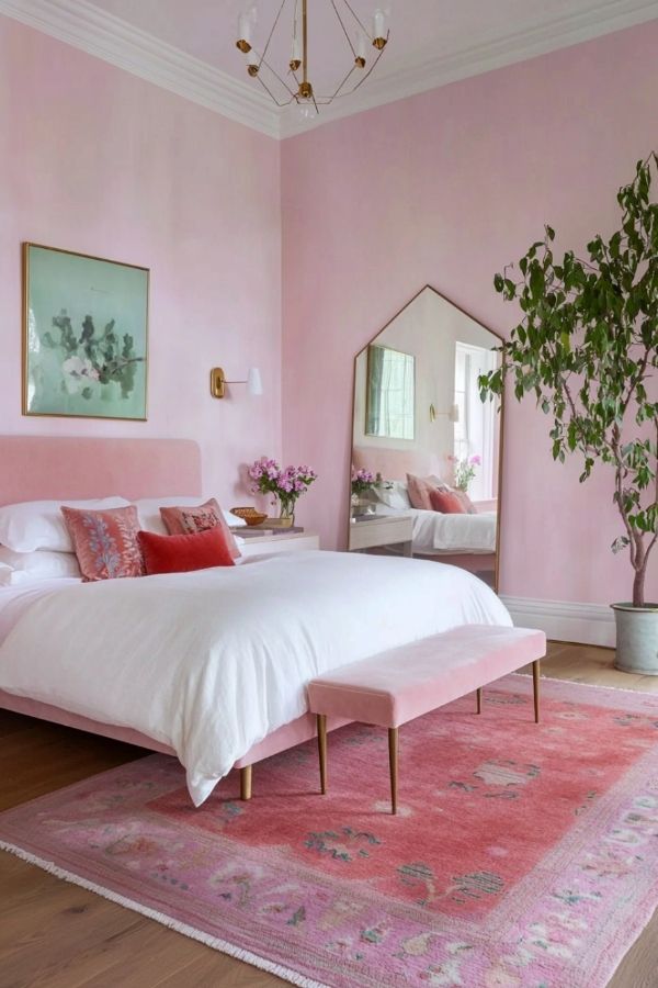 Elegant pink bedroom with plush bedding, chic decor, serene ambiance.