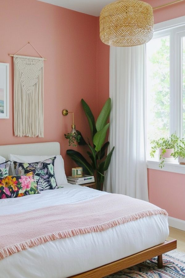 A cozy coral pink bedroom complemented by lush green plant accents.