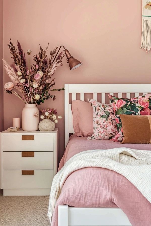 A soothing blush pink bedroom adorned with elegant floral decor.