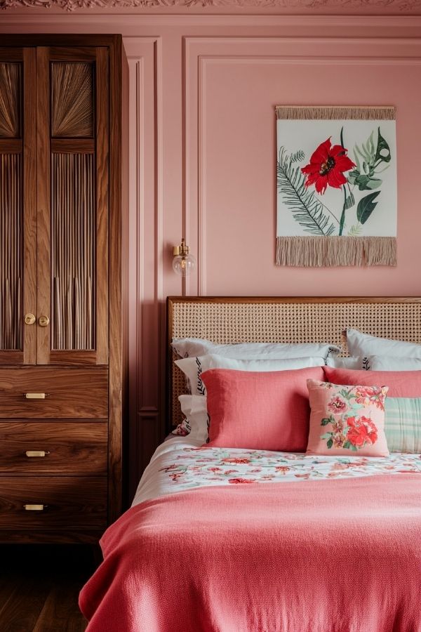 Elegant pink bedroom features floral accents and soft, cozy vibes.