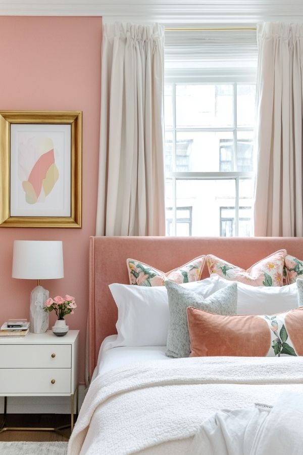 A warm, elegant bedroom featuring peachy pink tones and gold accents.