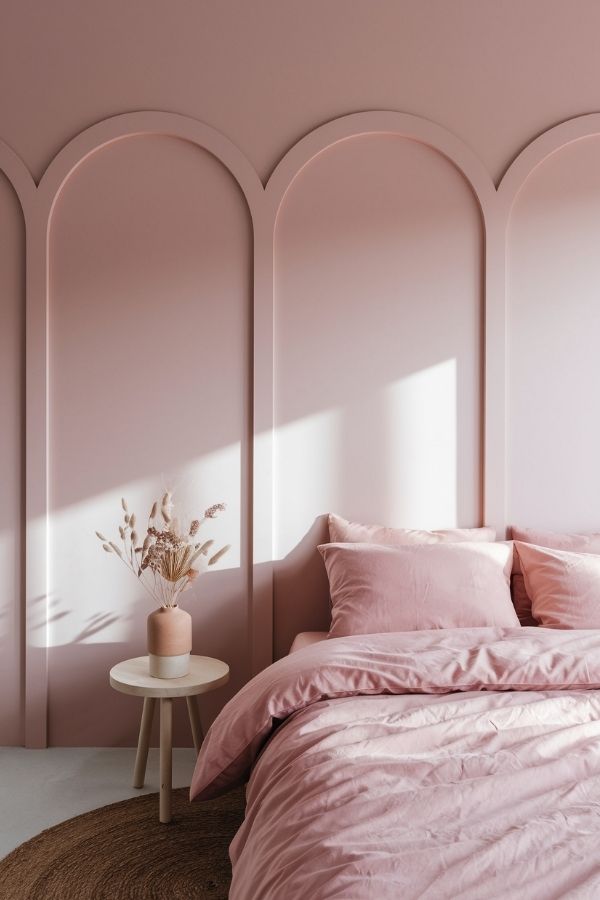 Minimalist pink bedroom featuring elegant arched panels and subtle decor.