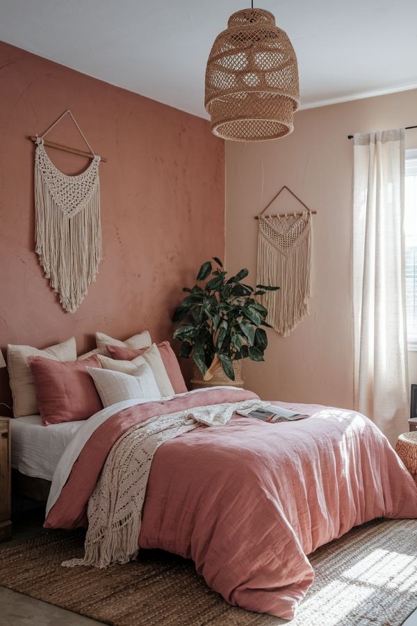 Cozy Bohemian bedroom in pink tones featuring intricate macramé decor.