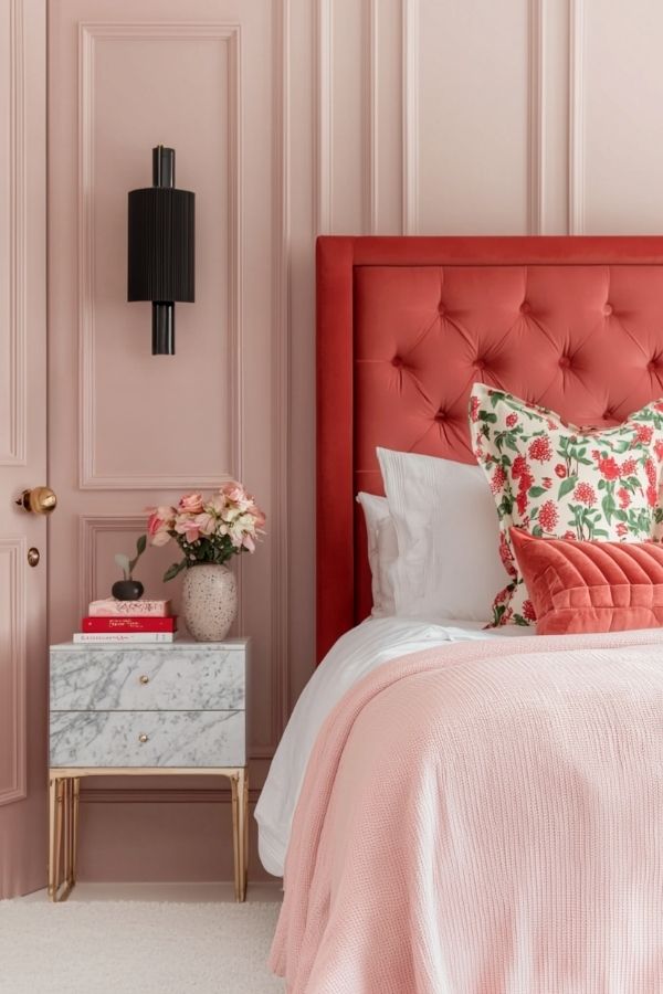 Chic pink bedroom featuring bold red accents, modern and stylish.