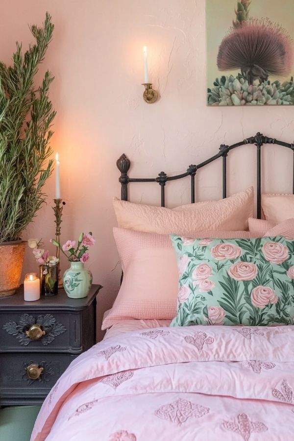 Cozy pink bedroom featuring floral accents, soft lighting, and romantic decor.