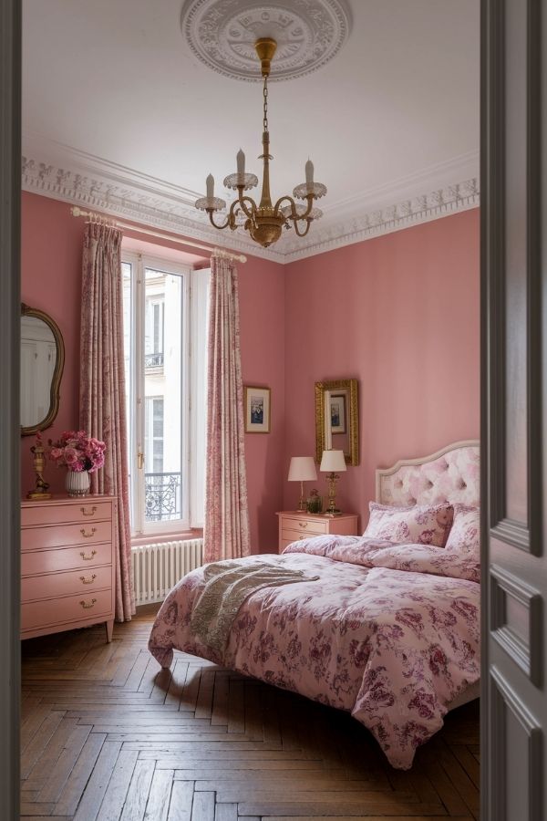 Chic pink bedroom with elegant French decor and luxurious furnishings.