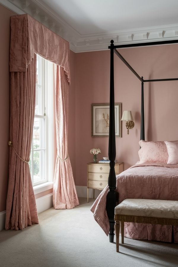 Elegant pink bedroom featuring a luxurious canopy bed and decor.