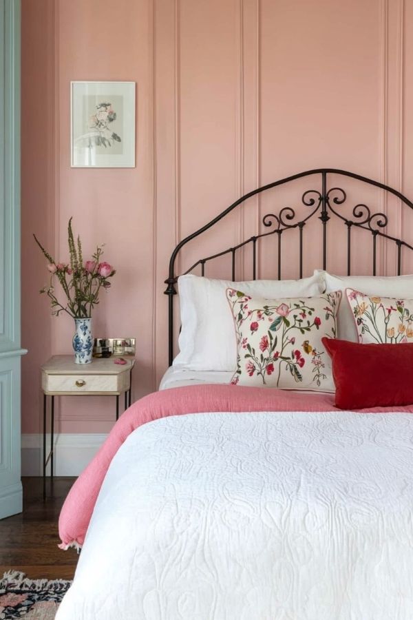 Cozy romantic bedroom featuring an elegant iron bed frame design.