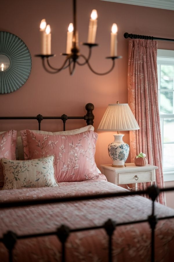 Elegant pink bedroom featuring a candle chandelier and classic decor.