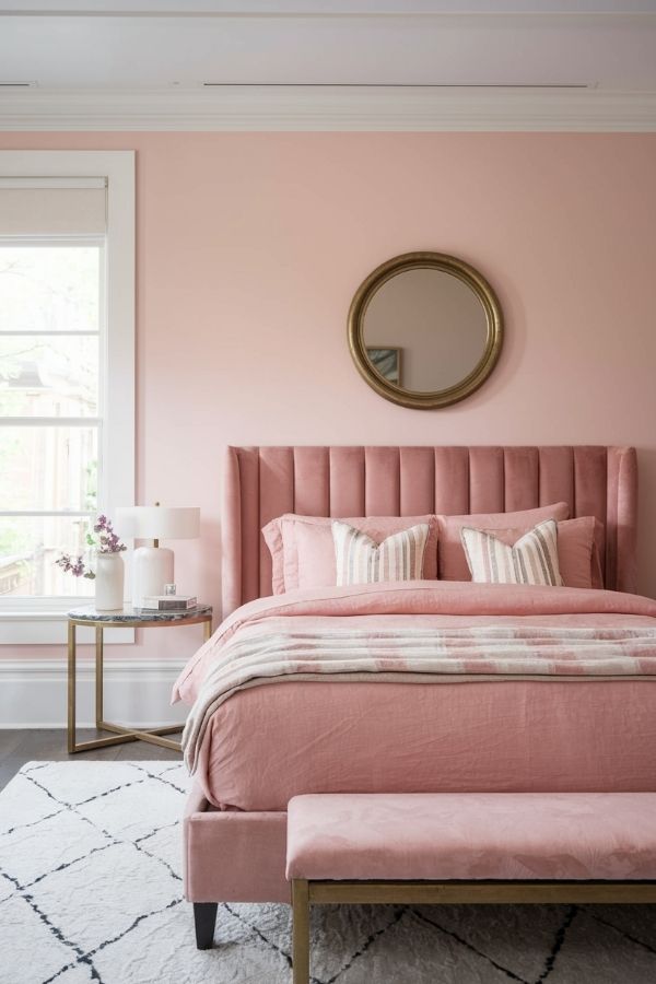 A modern pink bedroom featuring a plush velvet headboard centerpiece.