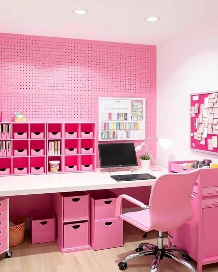 Pink pegboard wall and storage boxes in a creative workspace by @laurenkatedavies. Bright, organized, and playful crafting nook.