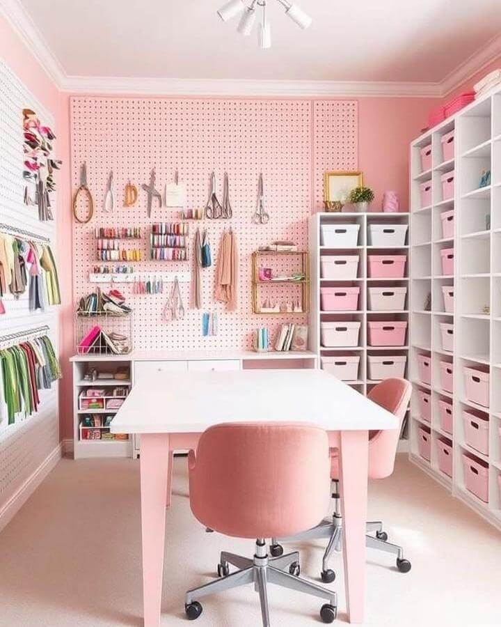 Pink pegboard wall with craft tools, velvet pink chairs, and white shelves with pink storage bins in a craft room by @kawaii.karla. Organized and bright workspace.
