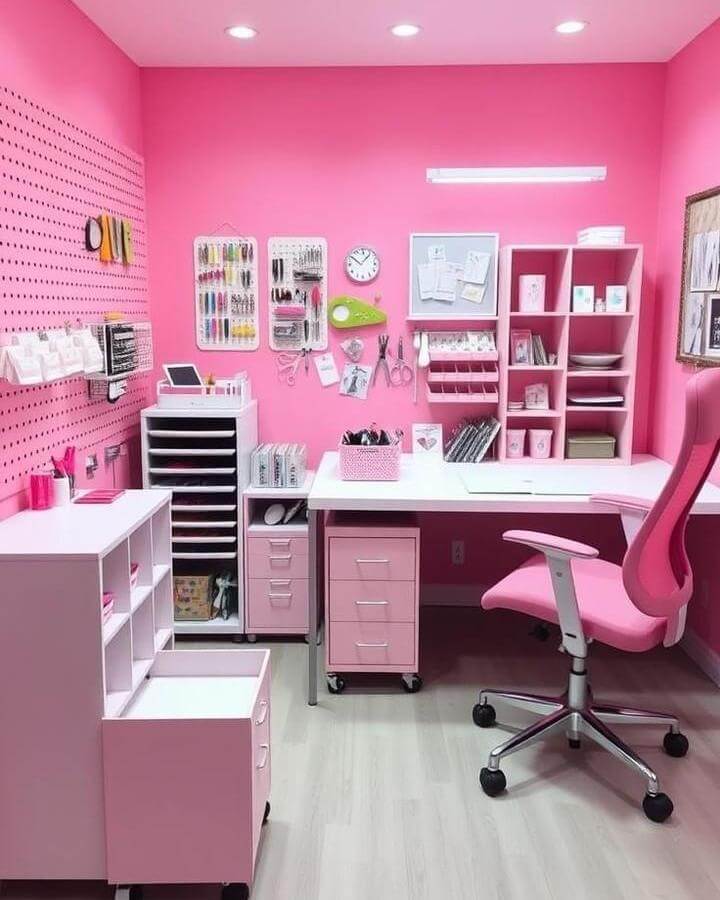 Pink monochrome craft room with pegboards, modular storage, and comfy chair from @annabelscreations showcasing organized creative space.