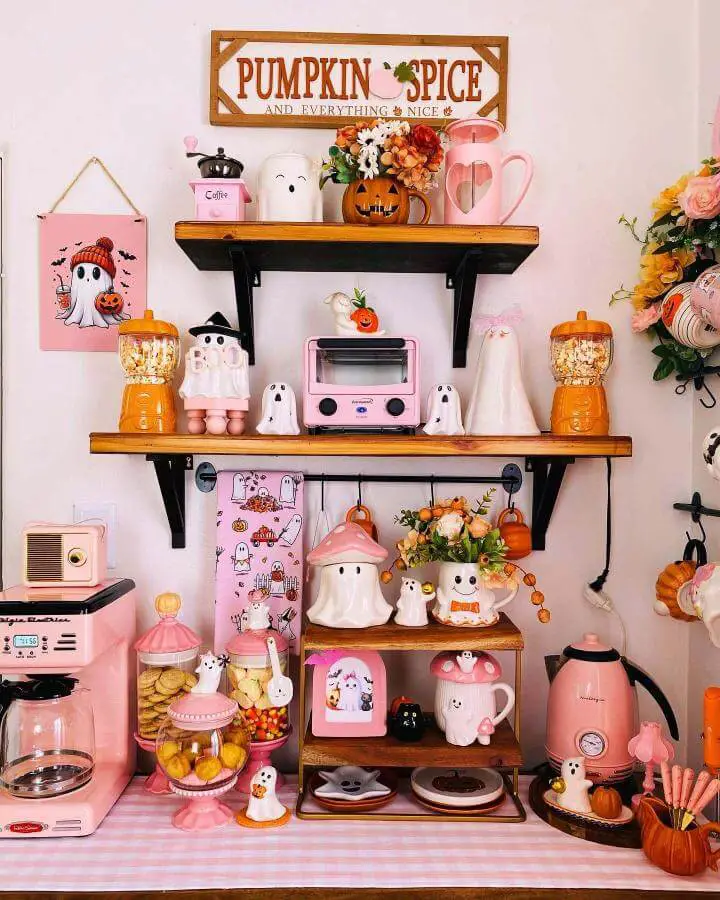 Rustic wooden shelves from @allthingscute_and_coffee featuring white ceramic ghosts, pink mugs, and orange pumpkin decorations.