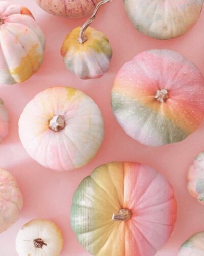 Watercolor painted pumpkins from @erinsummer_. Soft pastels blend across white pumpkins on coral background.