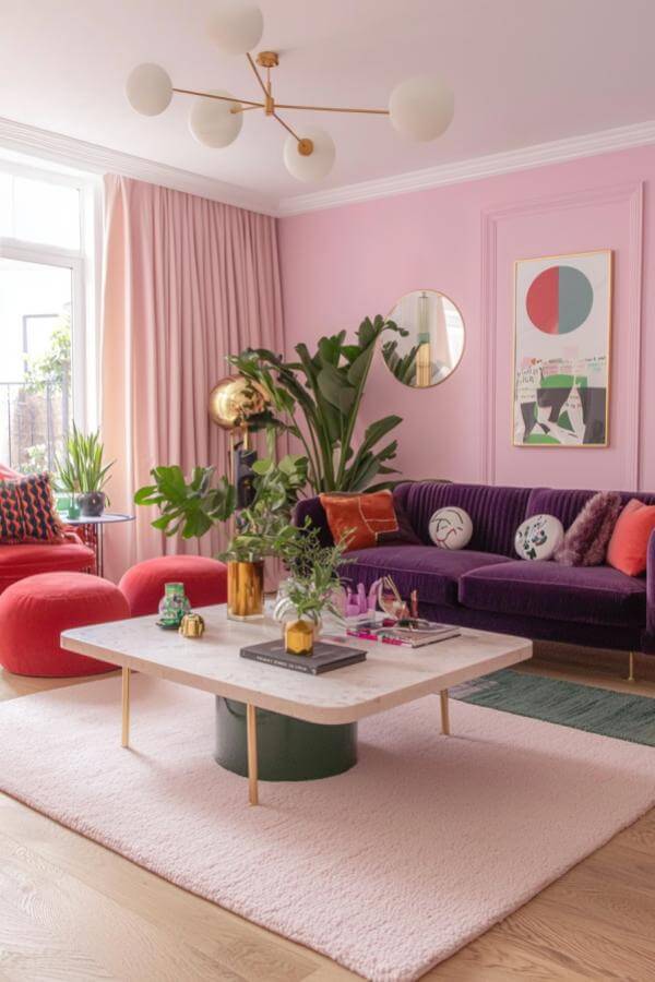 Pink living room ideas featuring eclectic elegance and luxurious velvet touches.